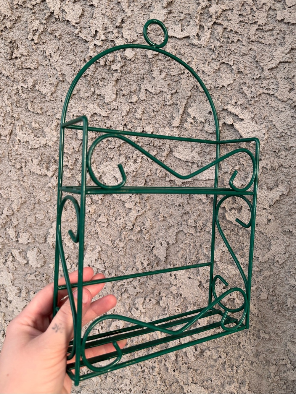 Vintage Green Metal Wire 2-Tier Spice Rack Wall Shelf with Scroll Design
